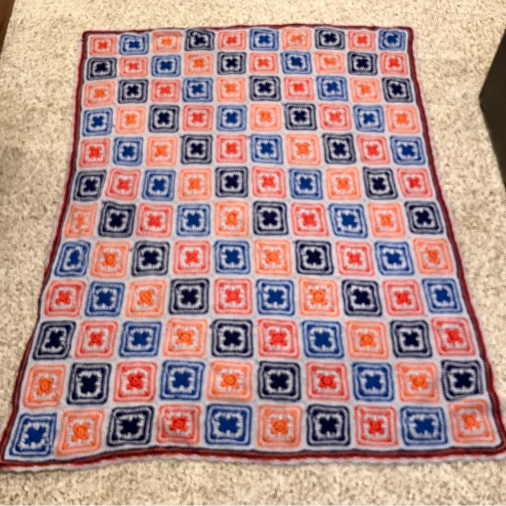 Vintage Handmade Crochet Granny Square Afghan Blanket Orange Grey Blue 55x65